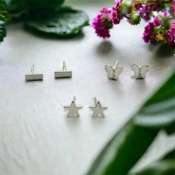 Silver Bohemian Mini Bar & Butterfly & Star Stud Earrings - Picture 7 of 12